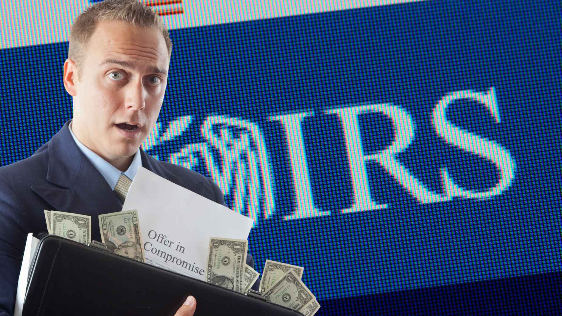 Man with cash-filled briefcase and Offer in Compromise form in front of IRS logo, showing lower Social Security debt payments.