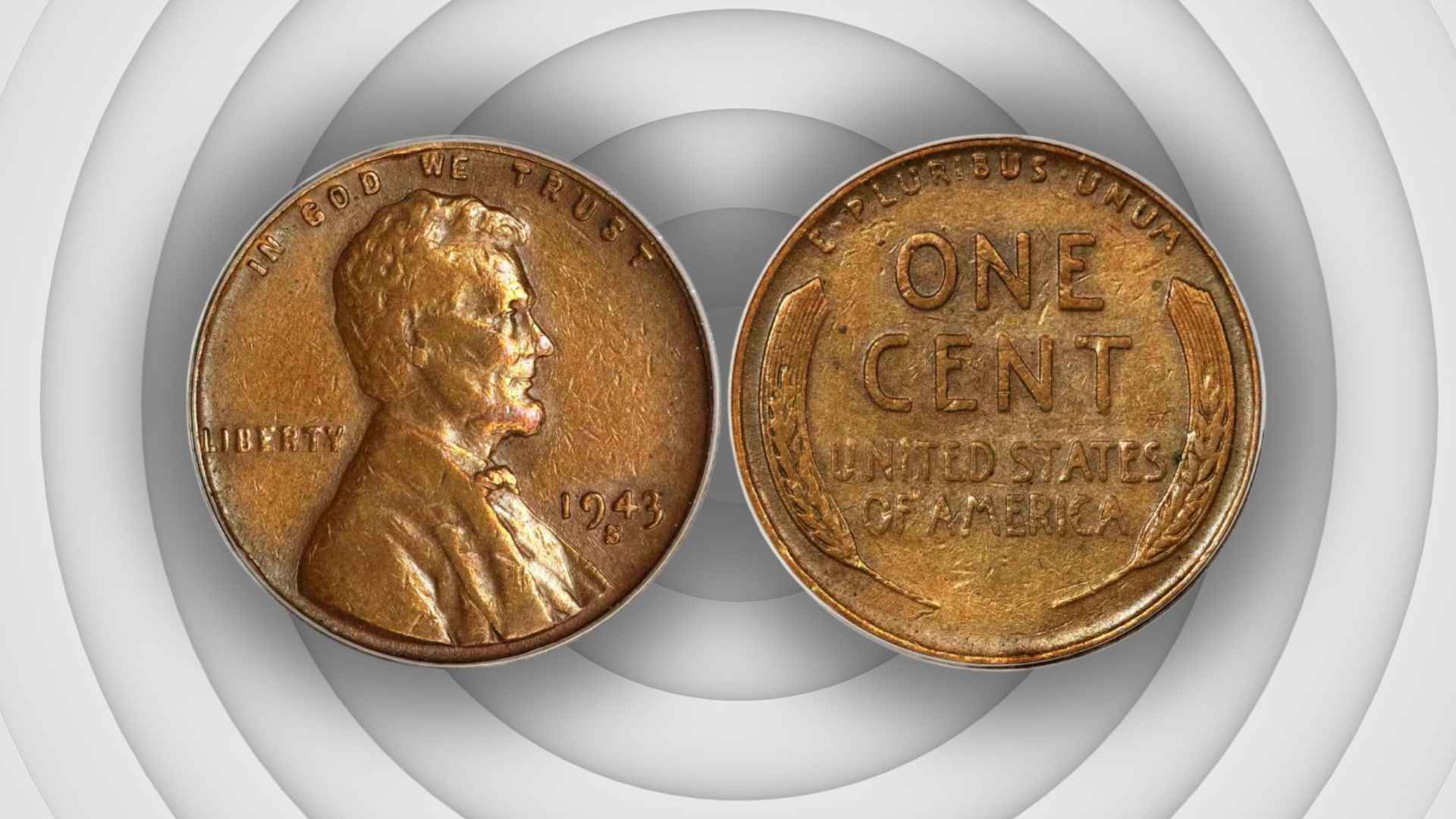 Front and back views of the rare 1943 Lincoln Wheat Penny coin, potentially worth over $49,000.