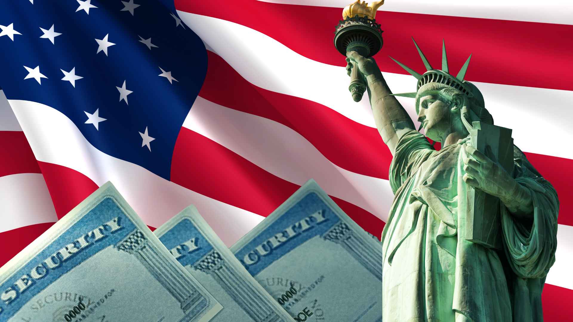 Statue of Liberty against U.S. flag with Social Security cards, symbolizing New York’s automatic $400 inflation refund checks.