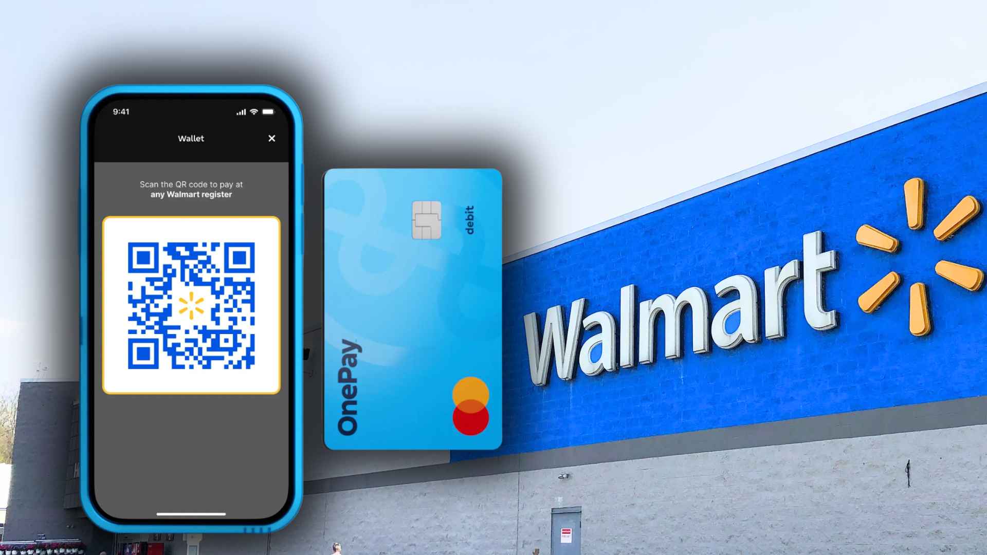 Smartphone displaying OnePay wallet QR code alongside blue OnePay-powered Walmart Mastercard in front of a Walmart storefront, symbolizing flexible payment timing