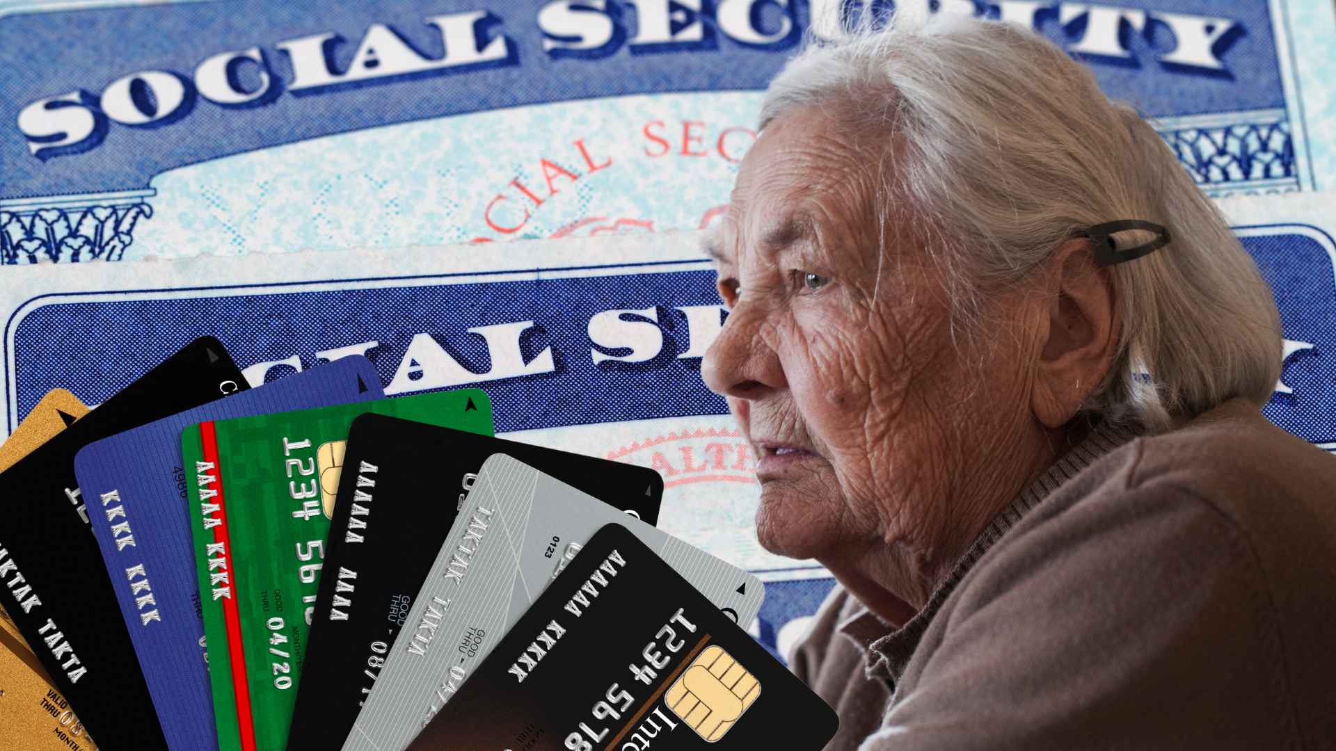 Elderly woman worried about credit card debt with Social Security card in background