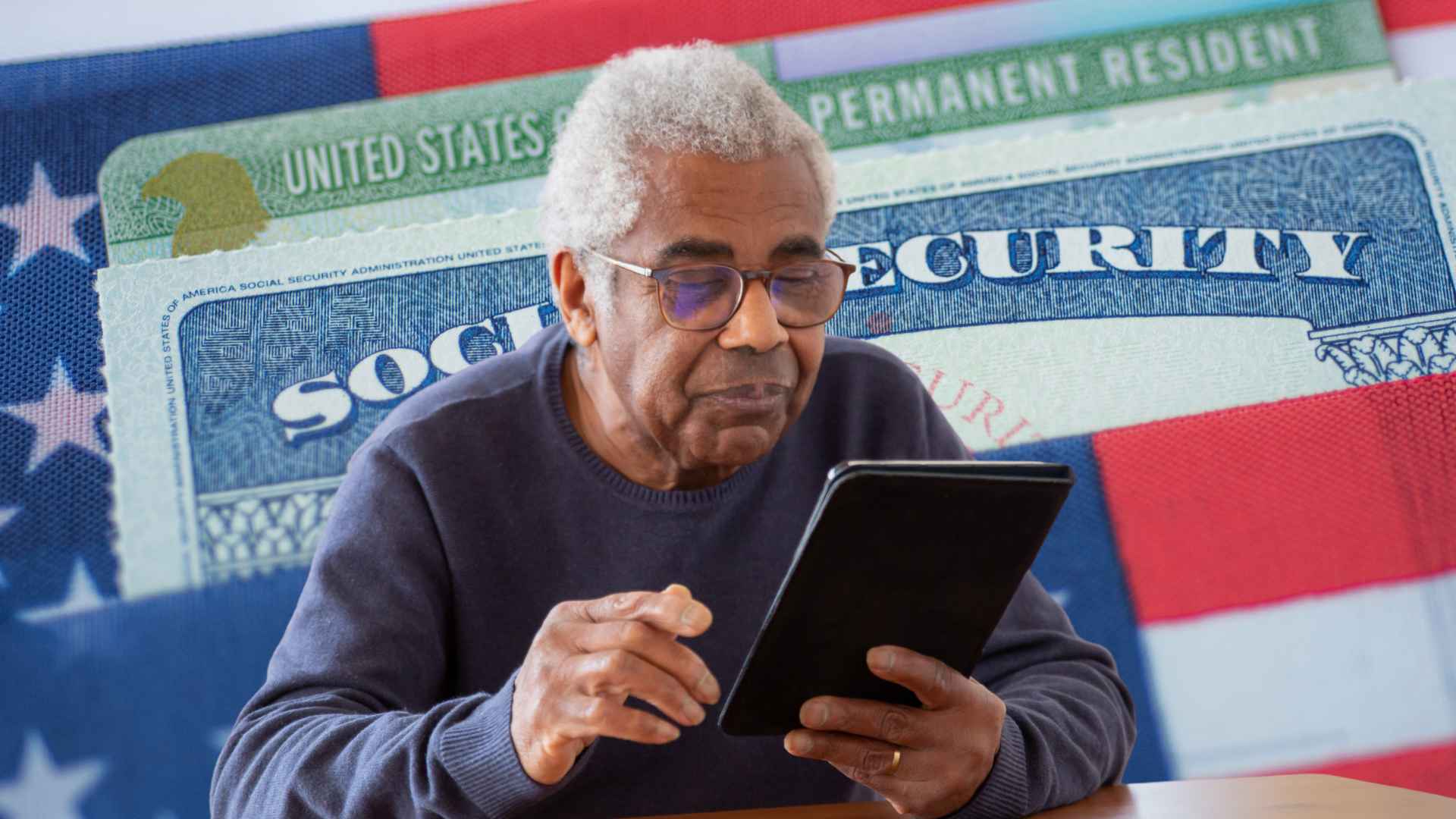 Senior man reviewing Social Security benefits on tablet with U.S. documents in background