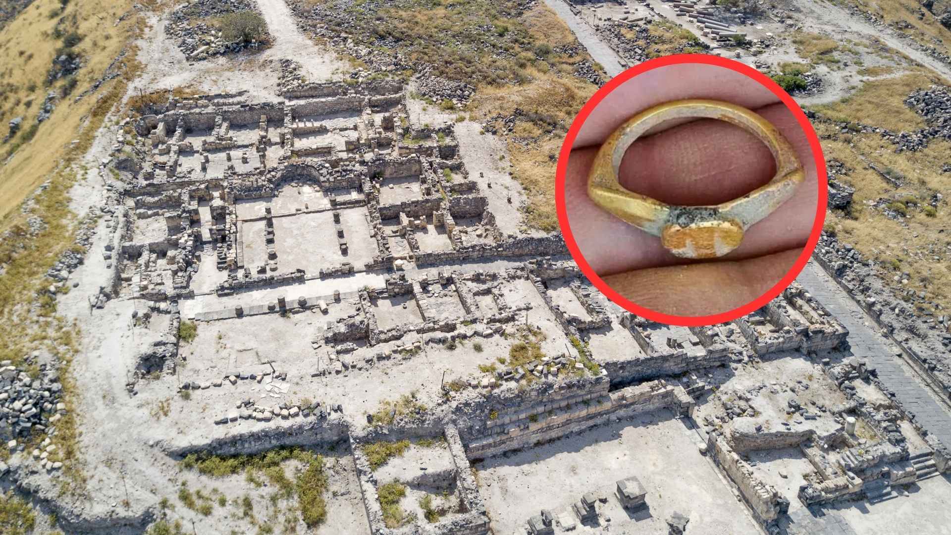 Aerial view of archaeological site Hippos with inset of Roman-era gold ring discovered at ancient Galilean city