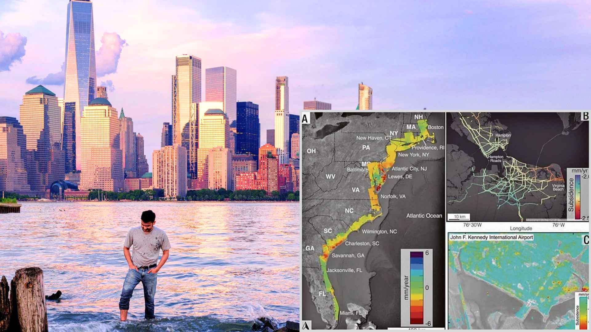 Man stands in rising water near NYC skyline; inset maps show satellite data of land subsidence along U.S. East Coast.