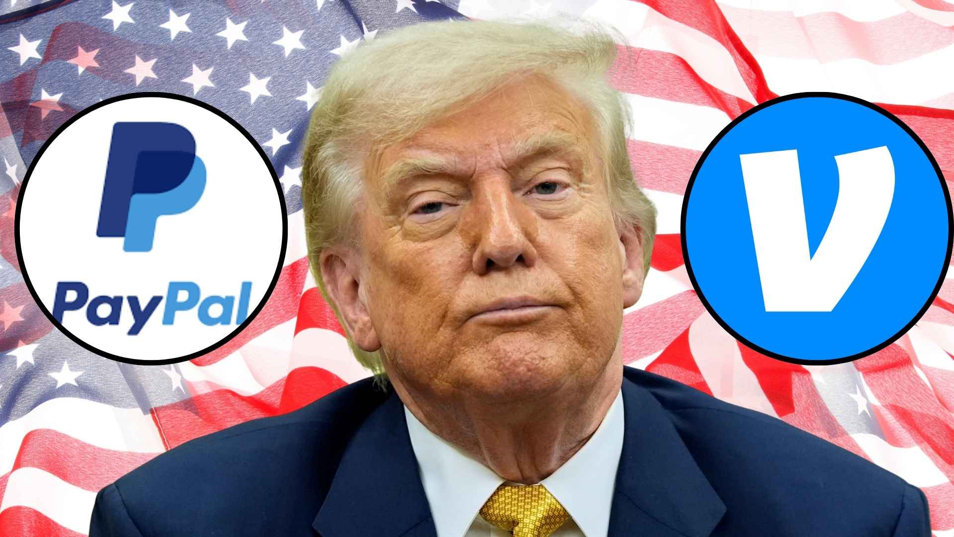 Donald Trump with PayPal and Venmo logos promoting small donations to reduce US national debt
