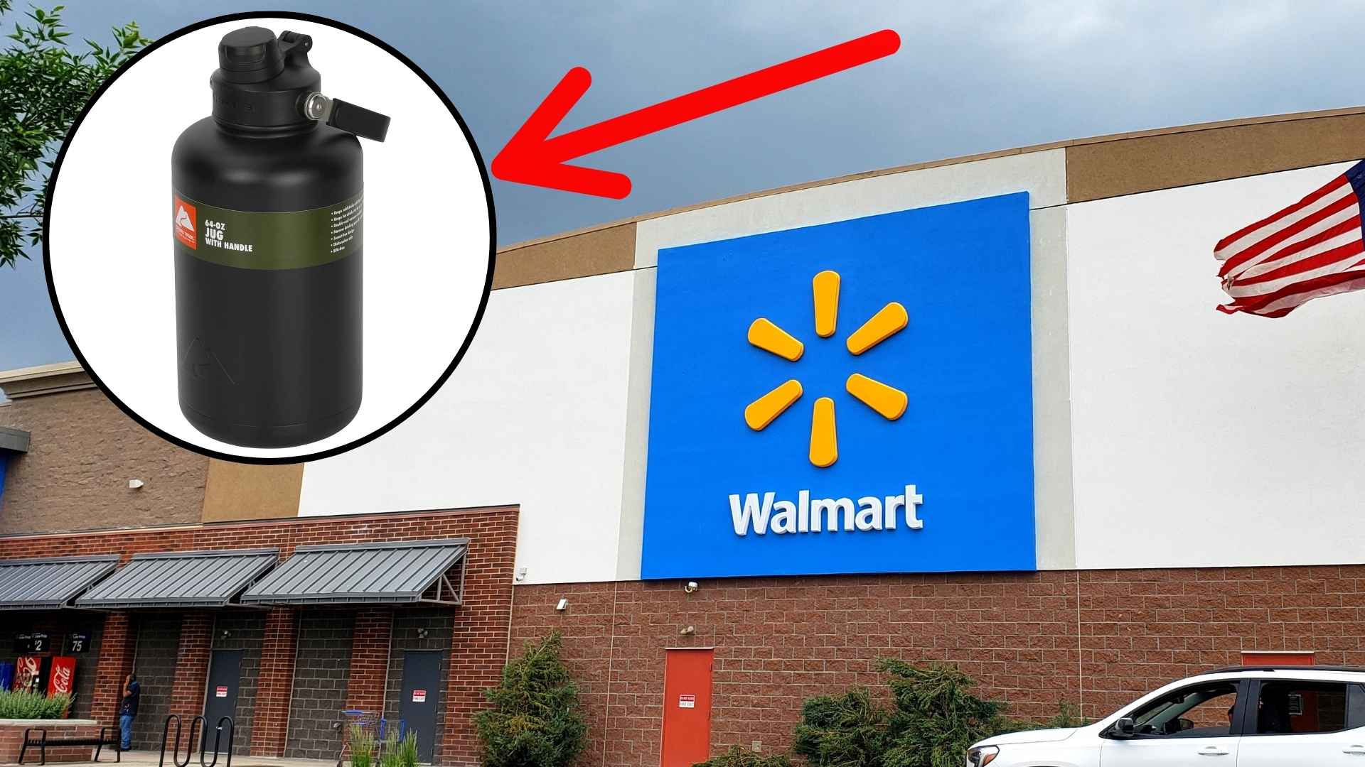 Composite photo of Walmart storefront with red arrow pointing to recalled Ozark Trail 64‑oz black stainless steel water bottle.