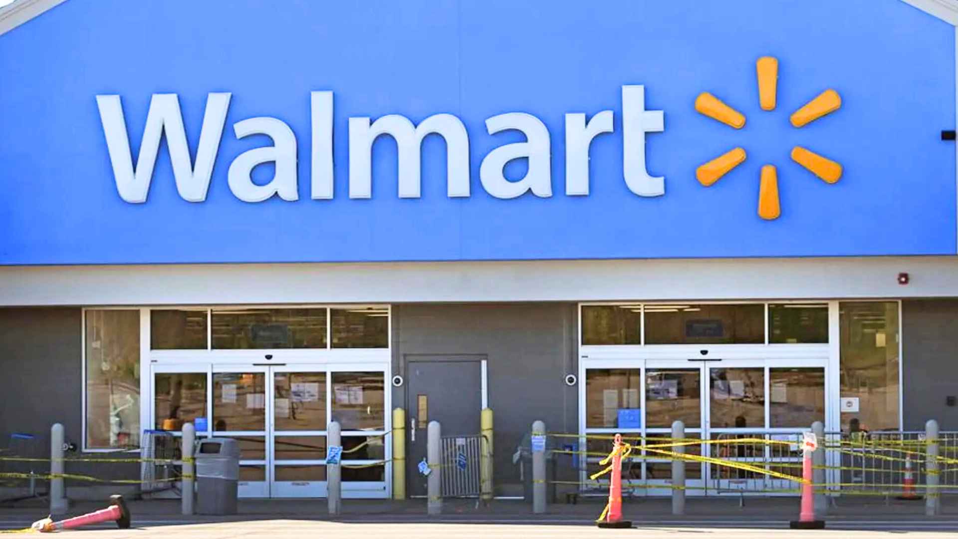 Exterior of Walmart’s first “store of the future” in Cypress, Texas, with blue sign and updated entrance