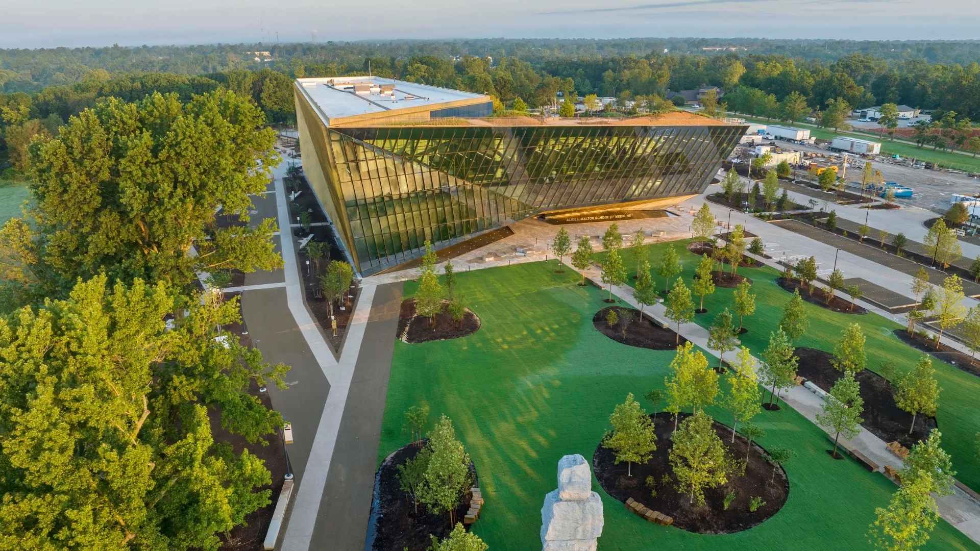 Aerial view of Alice Walton's innovative medical school campus in Bentonville, Arkansas, dedicated to rural preventive healthcare