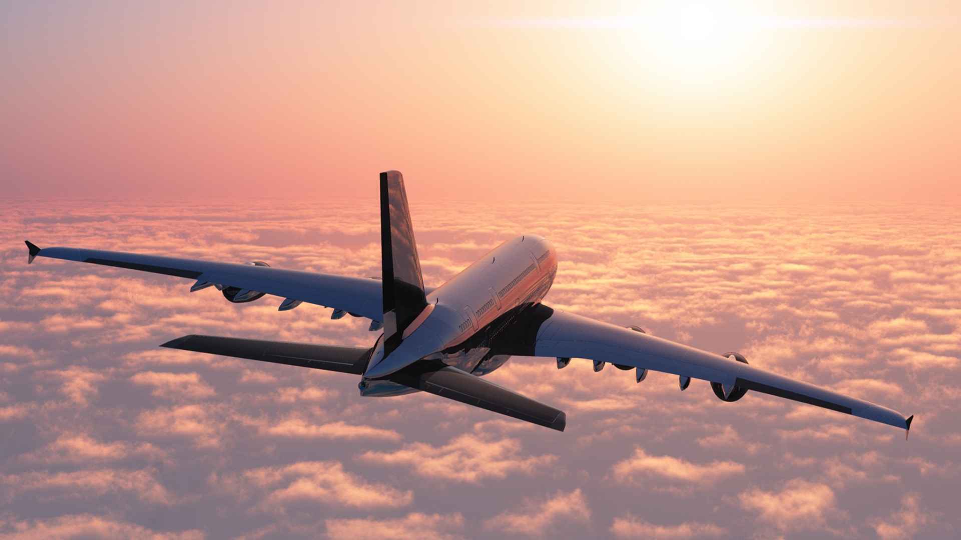 A commercial airplane flying above the clouds at sunset, illustrating in-flight health and travel safety concerns