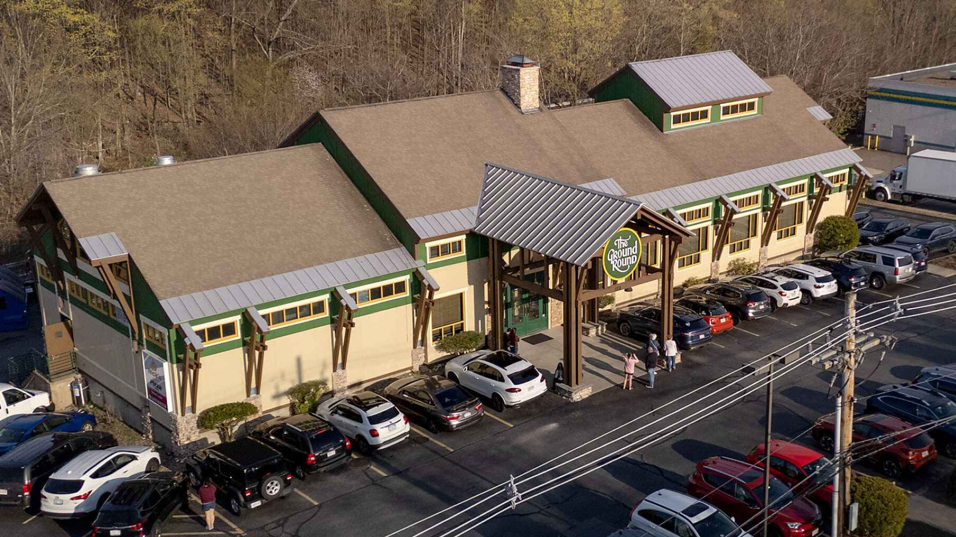 Exterior view of The Ground Round restaurant in Massachusetts during its reopening after 20 years