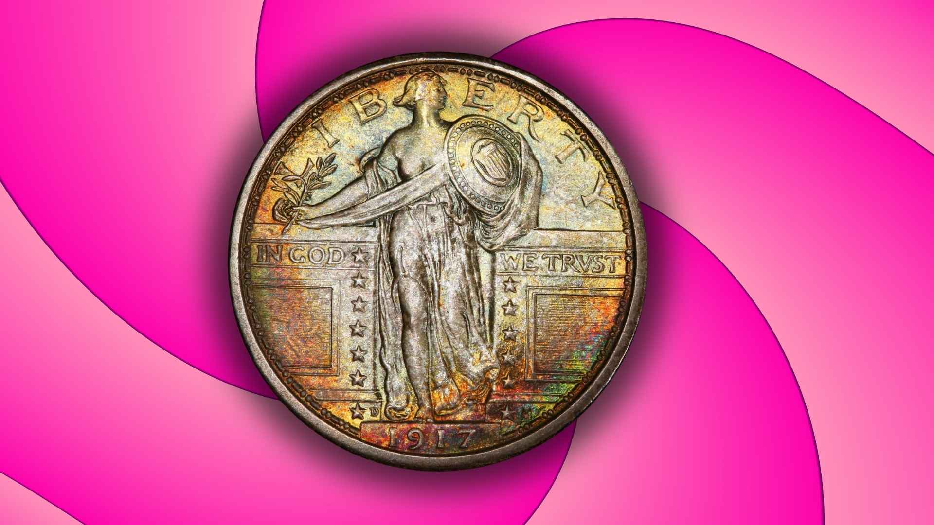 1917 Standing Liberty Quarter with partial shield design on colorful background