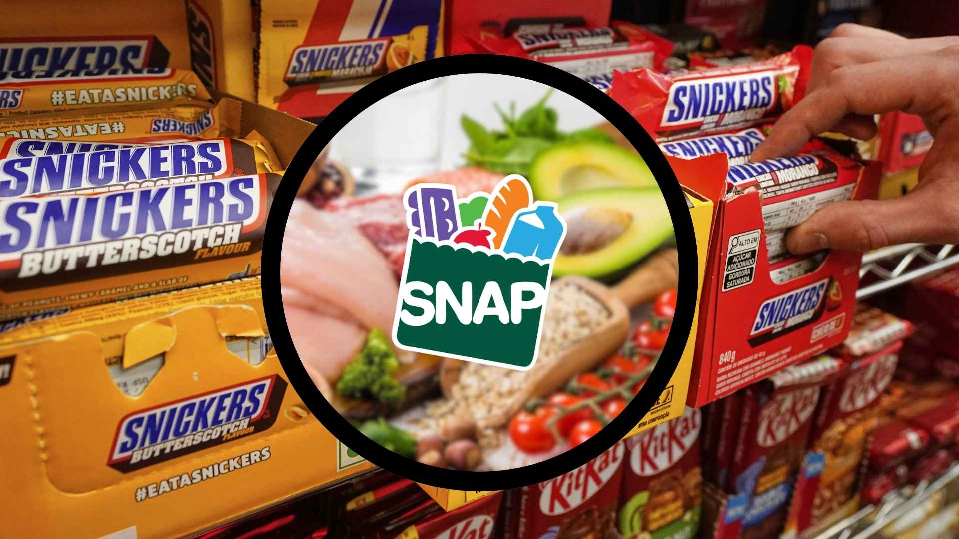 SNAP benefits logo and healthy food contrasted against Snickers candy bars symbolizing junk food ban in six states