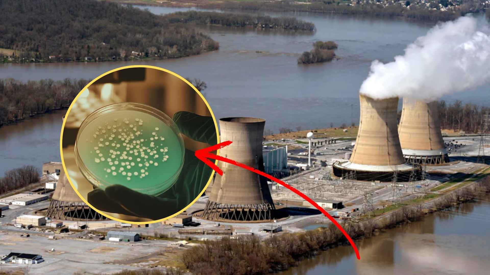 Petri dish of green microbial colonies held by gloved hands with decommissioned nuclear cooling towers visible behind.