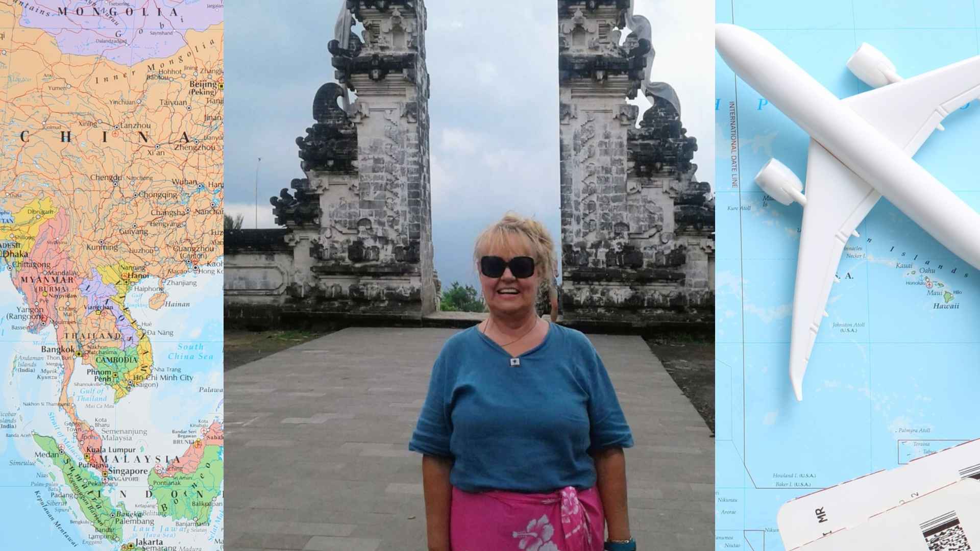 "Retired woman smiling at temple in Bali after moving from Arizona, next to map and airplane symbolizing her travel journey