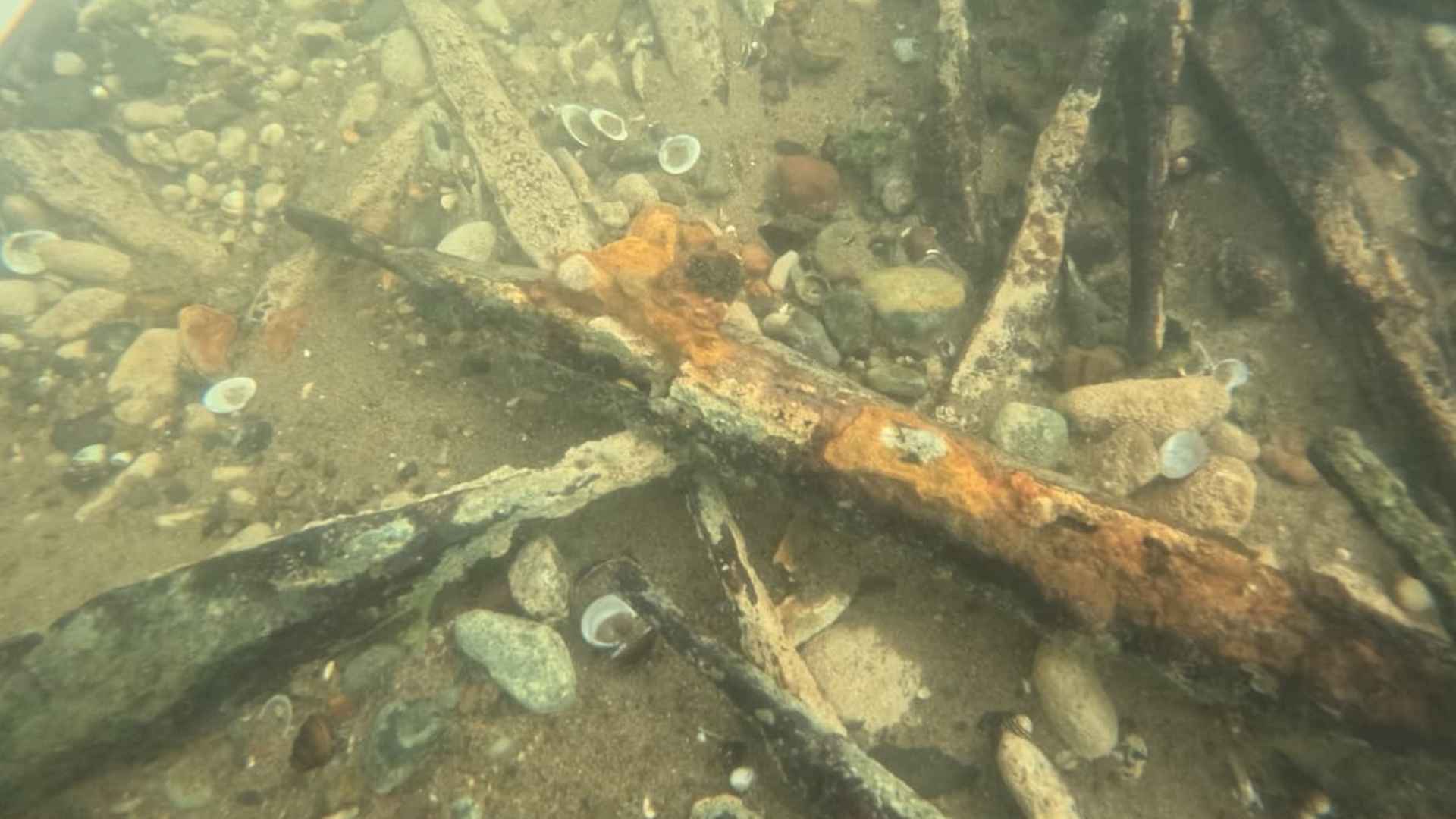 Underwater view of 2,000-year-old ancient ingots discovered in the Sava River in Bosnia