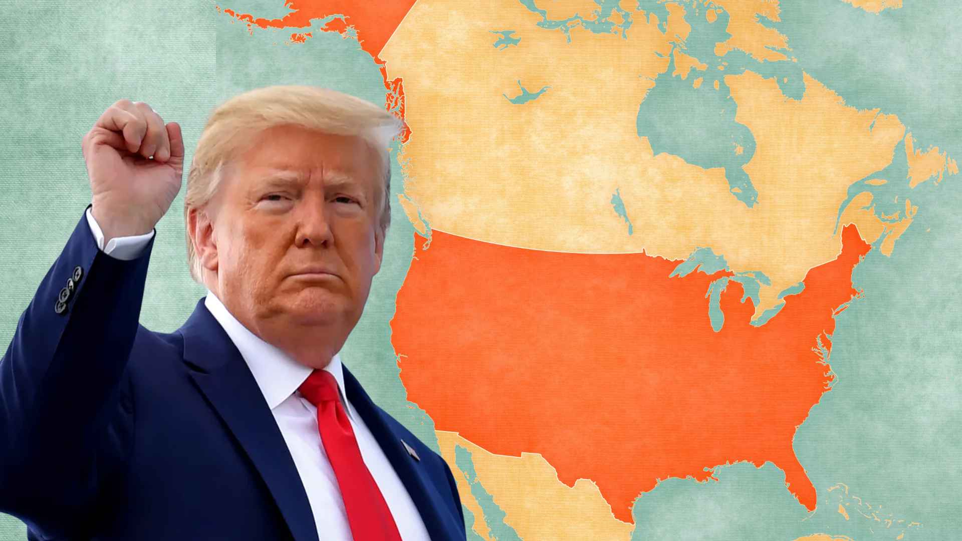 Map of the United States behind a suited official raising a fist, illustrating new tourist visa interview policy effective Sept. 2, 2025.