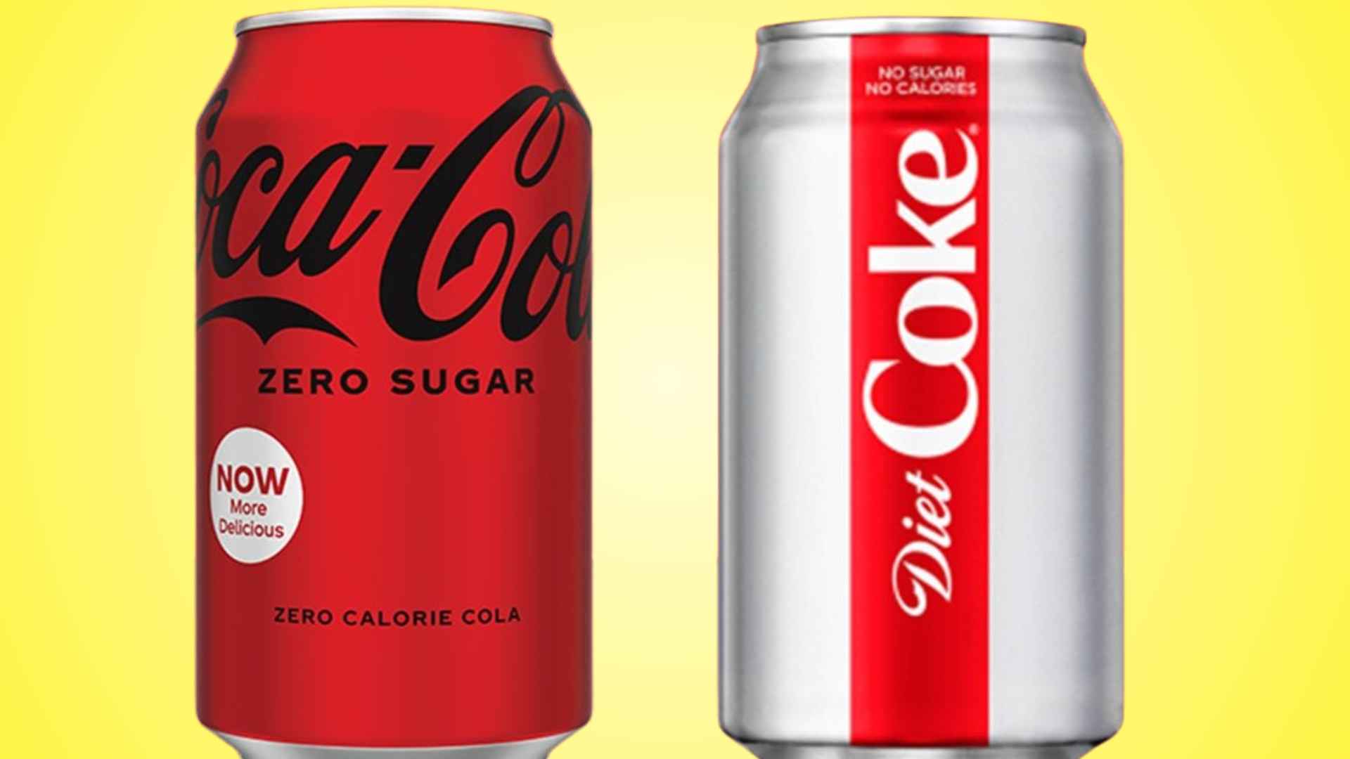 Cans of Diet Coke and Coke Zero Sugar side by side on a yellow background