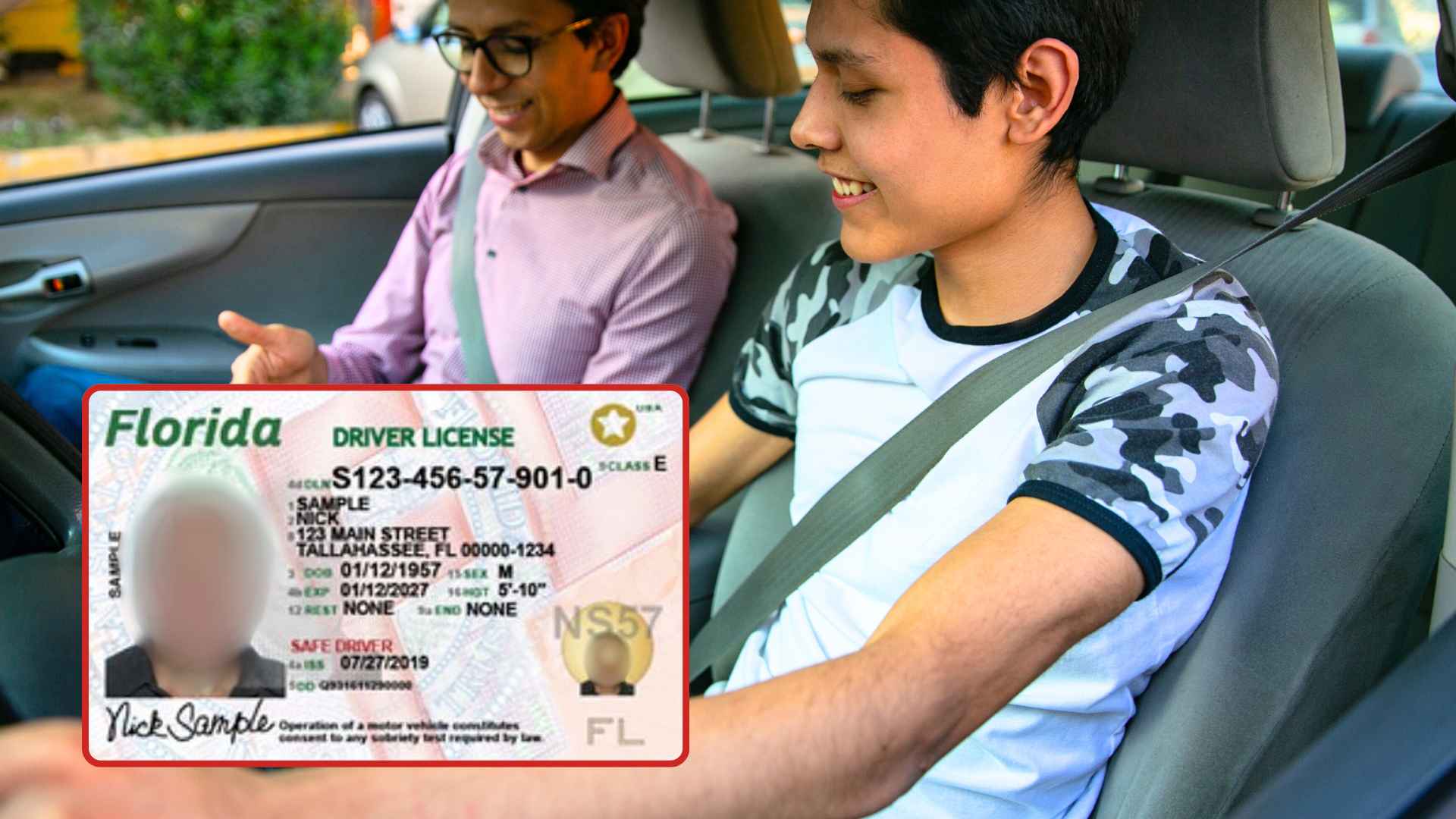 Young driver in Florida practicing driving skills for mandatory 50-hour driver safety training with adult supervision