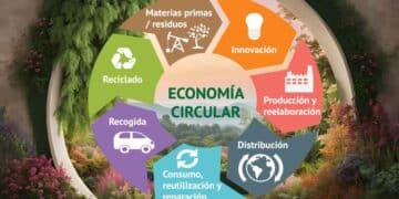 Diagrama de economía circular con fases de producción, distribución, consumo, reciclaje e innovación