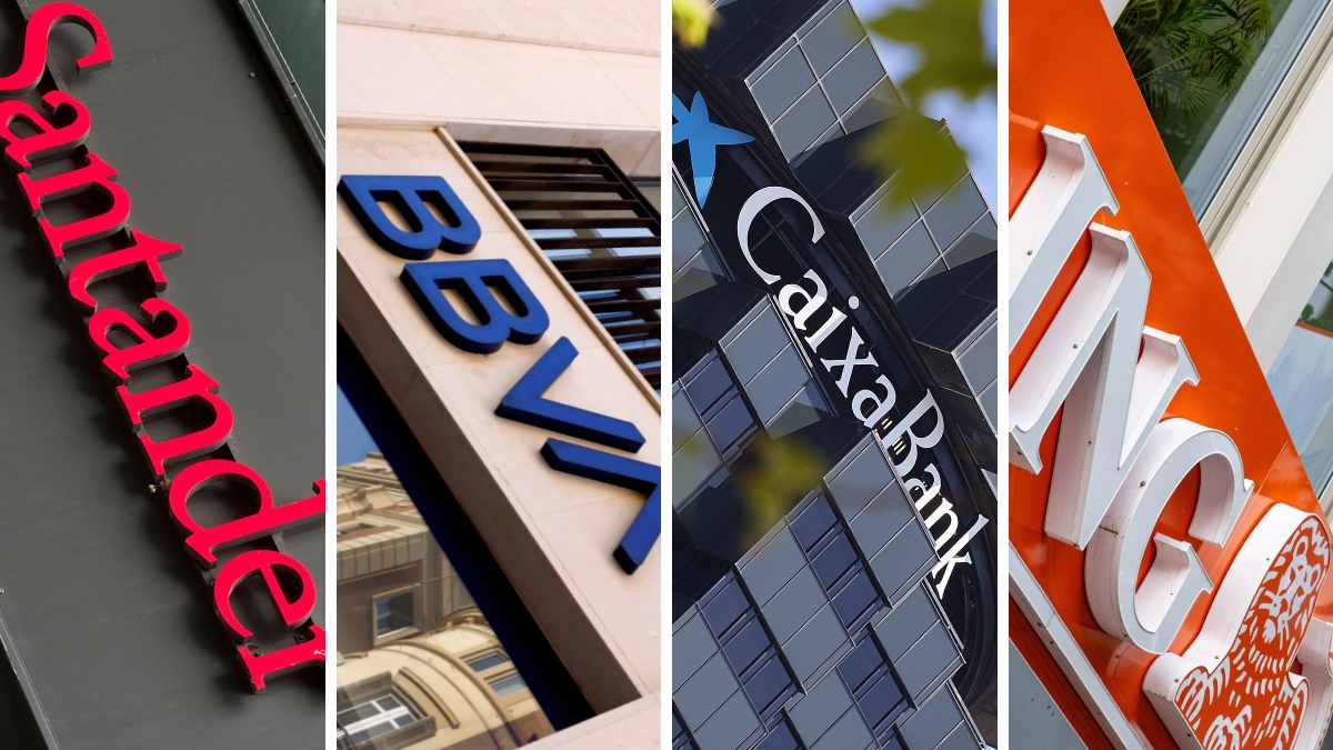 Logotipos de Santander, BBVA, Caixabank e ING para el cobro de pensiones en marzo