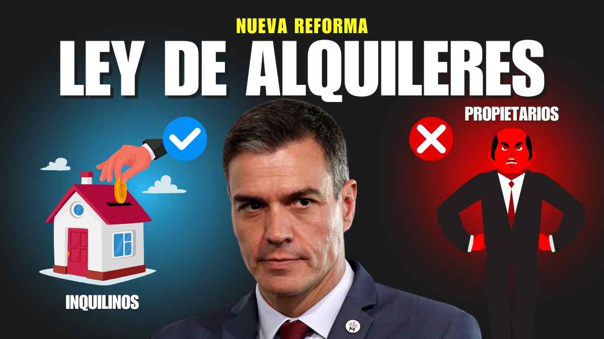 Nueva reforma de la ley de alquileres en España, con ilustración de Pedro Sánchez, un icono de inquilinos y otro de propietarios.