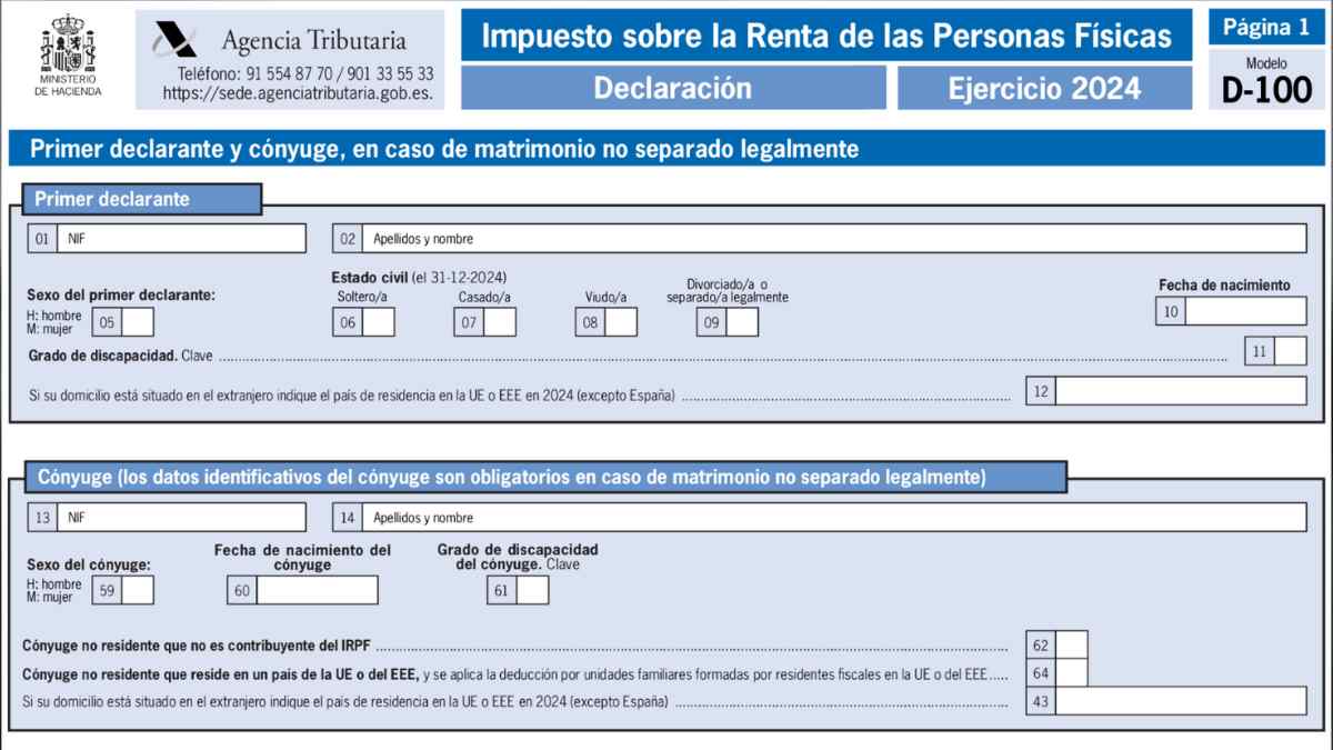 Formulario D-100 de la Agencia Tributaria para la declaración de la Renta 2024, mostrando datos del primer declarante y del cónyuge