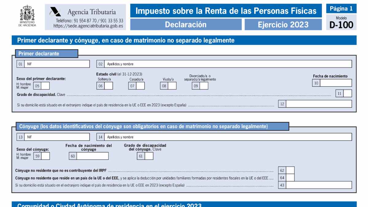 Formulario D-100 de la Agencia Tributaria para la Declaración de la Renta 2023 en España