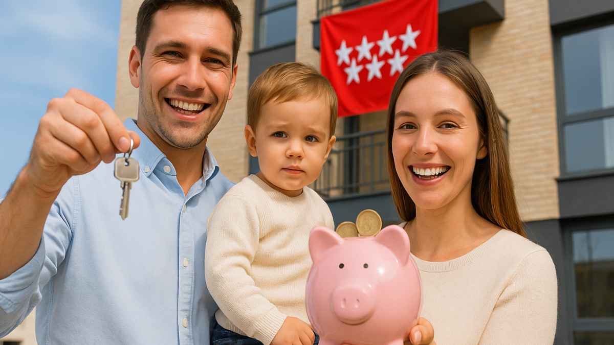 Familia madrileña con llaves de su nueva vivienda y hucha celebrando la deducción de hasta 1 500 € en la Renta 2025