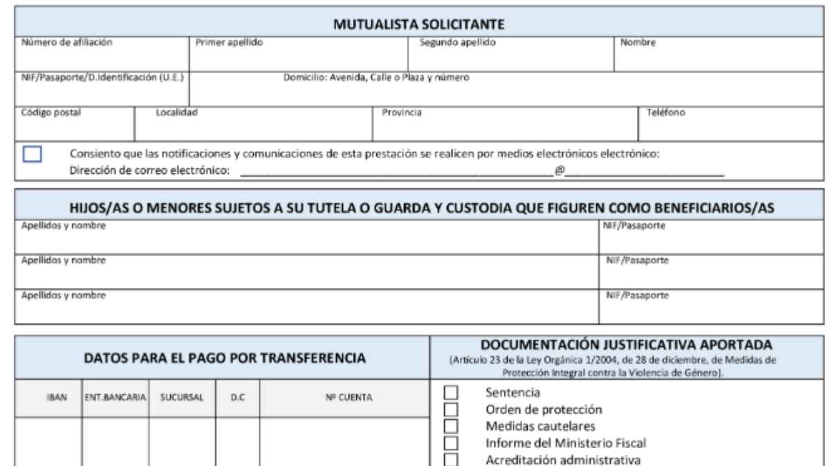 Formulario oficial de MUFACE para solicitar la ayuda de 1.000 euros destinada a mujeres mutualistas víctimas de violencia de género (2025)