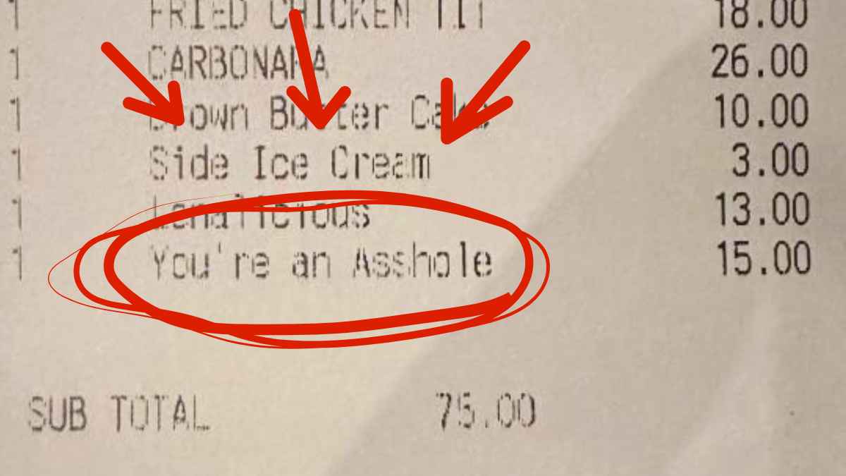 Ticket de restaurante con un cargo extra de 13 € etiquetado como "eres un gilipollas"