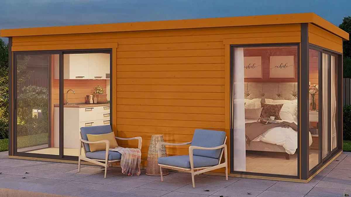 Casa prefabricada de Amazon con tres dormitorios, terraza y grandes ventanales