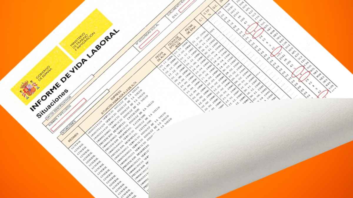 Informe de vida laboral de la Seguridad Social con errores señalados en rojo sobre fondo naranja