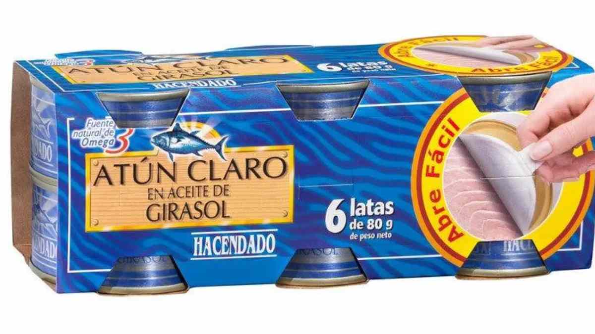 Pack de 6 latas de atún claro Hacendado, marca blanca de Mercadona
