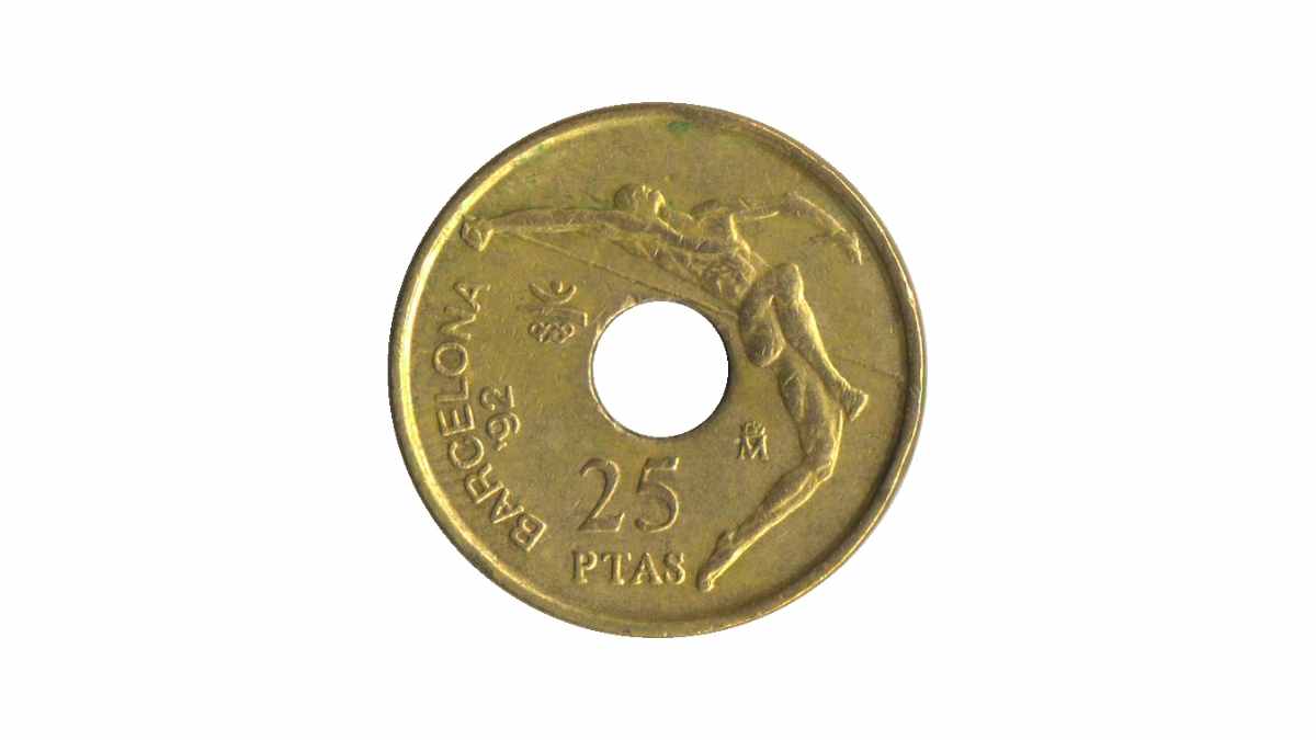 Moneda de 25 pesetas conmemorativa Barcelona 92 con diseño de atleta saltando, emitida por la Fábrica Nacional de Moneda y Timbre