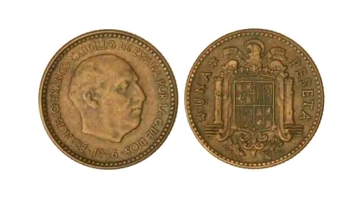Moneda de 1 peseta con el rostro de Francisco Franco y el escudo de España, años 60
