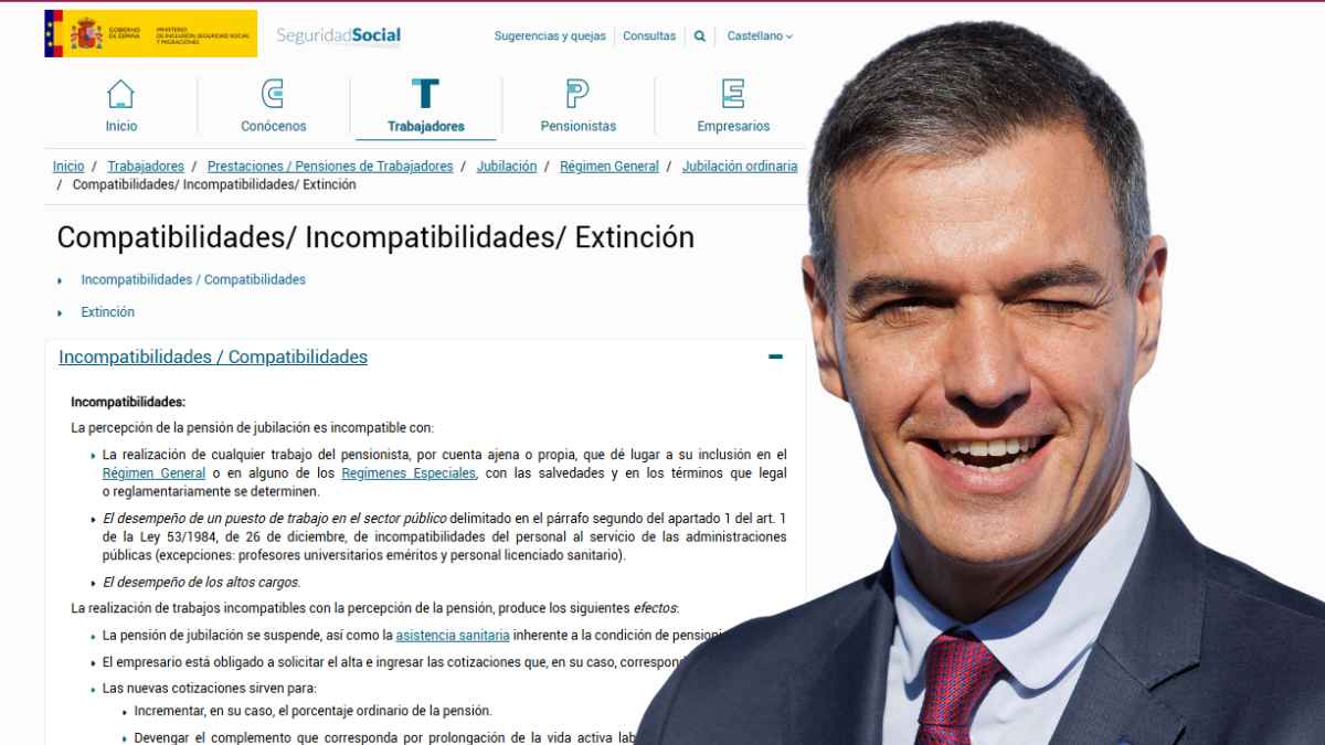 Captura de la web de la Seguridad Social sobre compatibilidades de la pensión junto a un portavoz gubernamental sonriendo