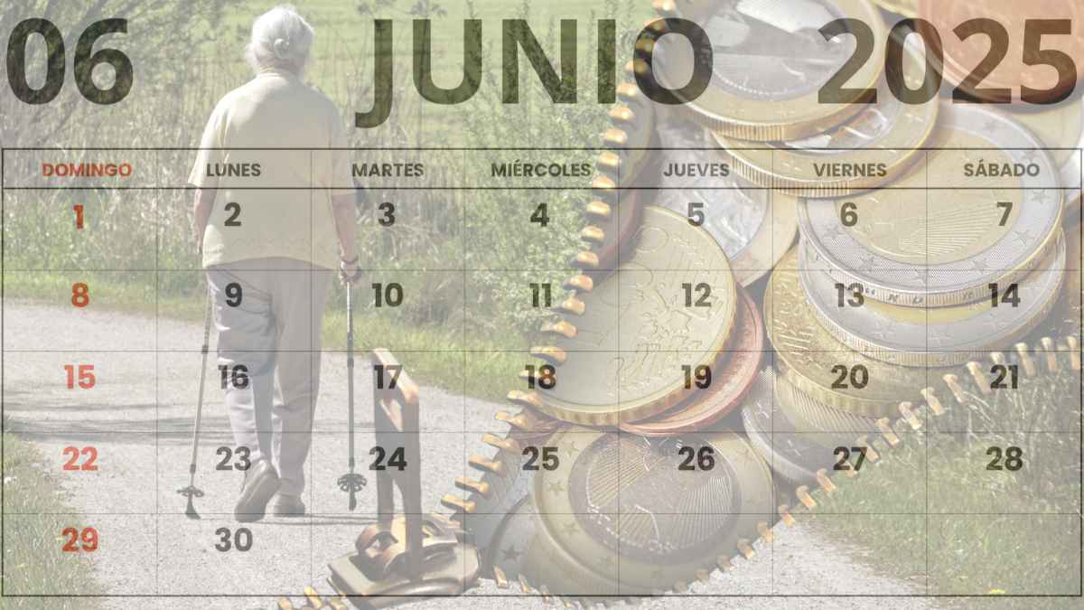 Calendario de junio 2025 con monedas y una persona mayor caminando, señalando las fechas de la paga extra de verano para pensionistas.