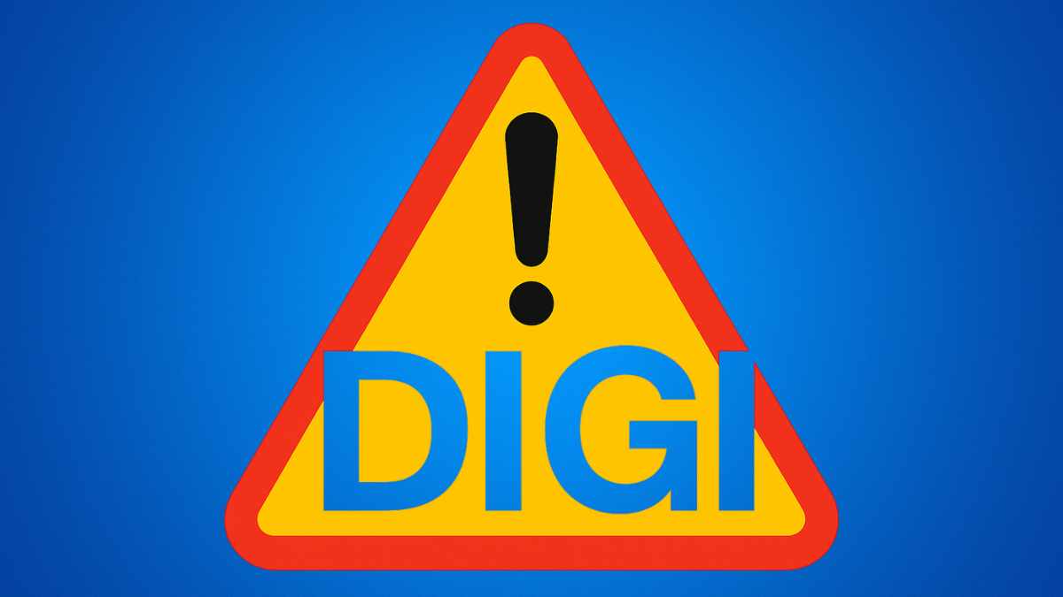 Triángulo de advertencia amarillo con borde rojo, signo de exclamación negro y texto “DIGI” en azul sobre fondo degradado
