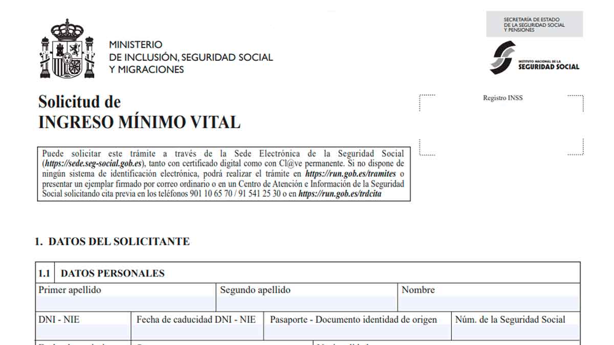 Formulario oficial de la Seguridad Social para solicitar el Ingreso Mínimo Vital, con logotipos institucionales y campos de datos personales