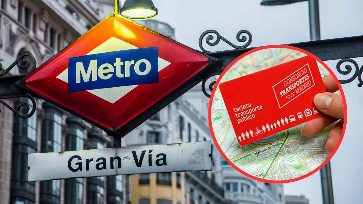 Cartel del Metro de Madrid en Gran Vía junto a una tarjeta roja de transporte público, símbolo del abono gratuito de tres años.