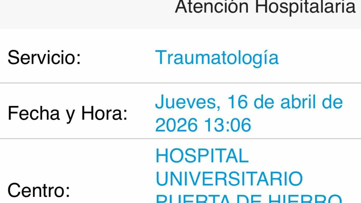Cita médica para traumatología en hospital público de Madrid fechada en abril de 2026