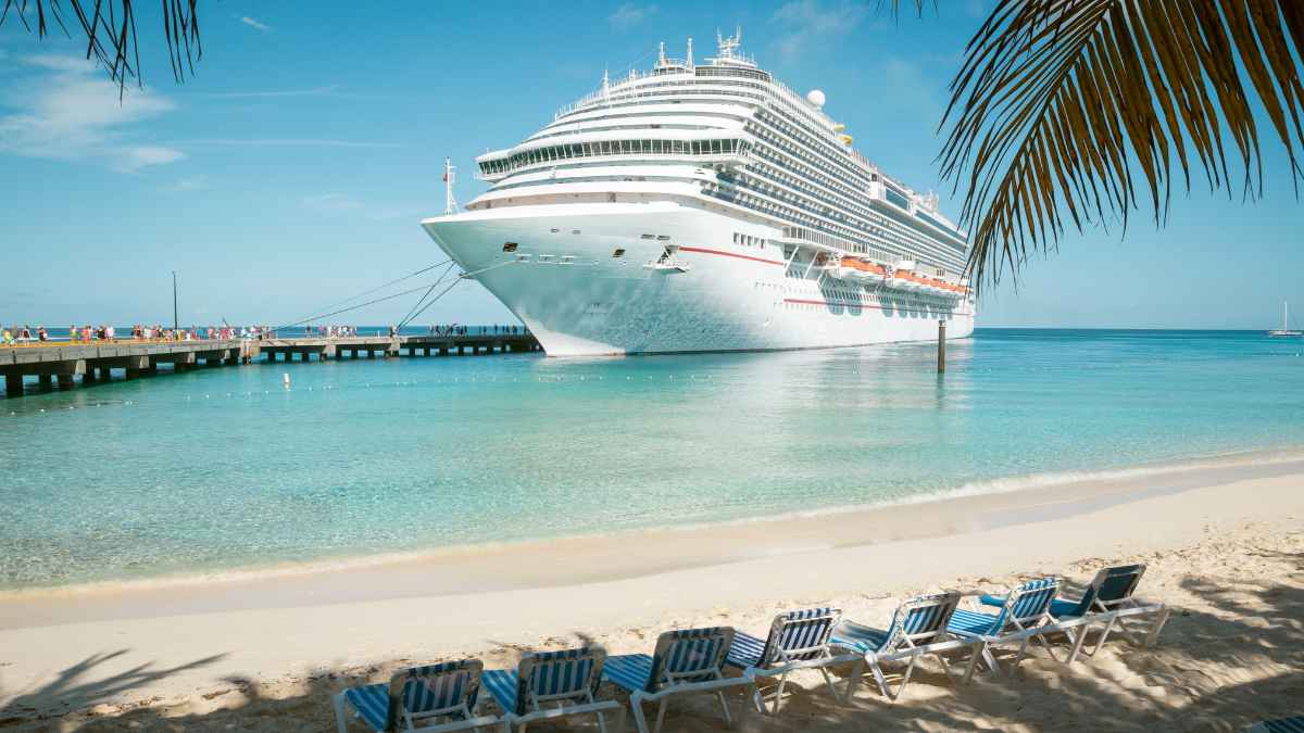 Gran crucero blanco atracado en puerto caribeño con playa y palmeras
