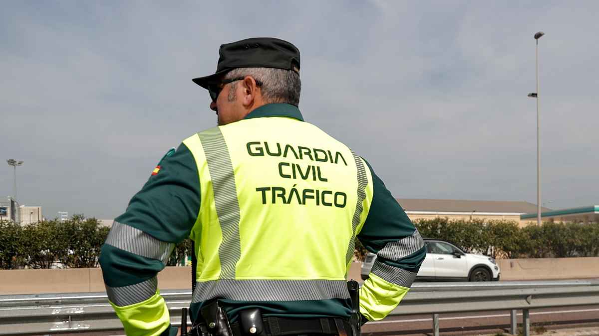 Agente de la Guardia Civil de Tráfico supervisando la autopista durante un operativo vinculado a las ayudas de la DGT.