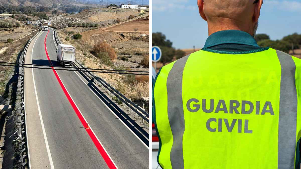 Tramo de la A-355 en Coín con nueva línea roja continua que prohíbe adelantar, vigilado por la Guardia Civil