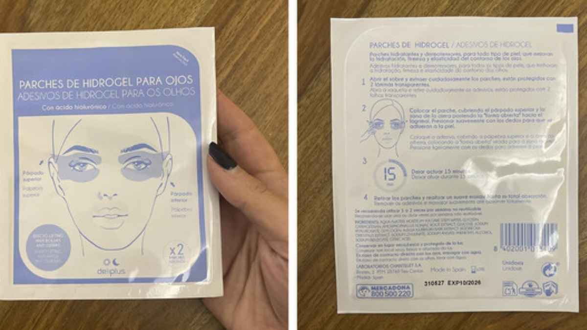 Envase de los parches de hidrogel para ojos Deliplus de Mercadona con ácido hialurónico que reducen bolsas en 15 minutos