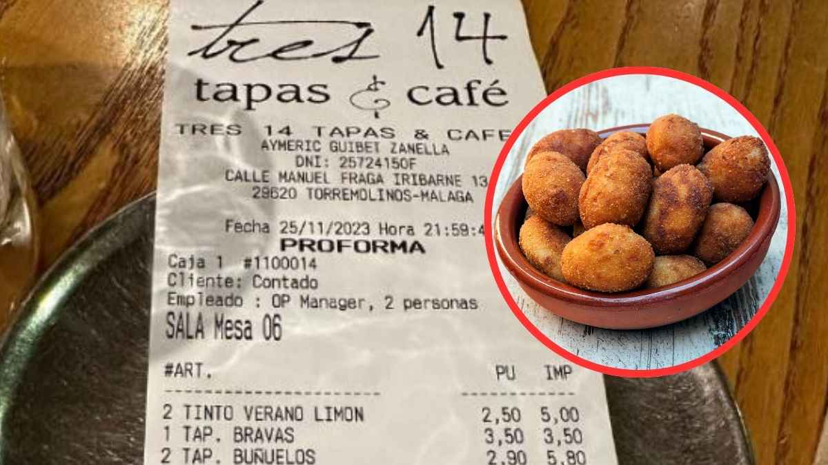 Ticket con descuentos por amabilidad del bar Tres 14 Tapas y Café de Torremolinos junto a un plato de croquetas
