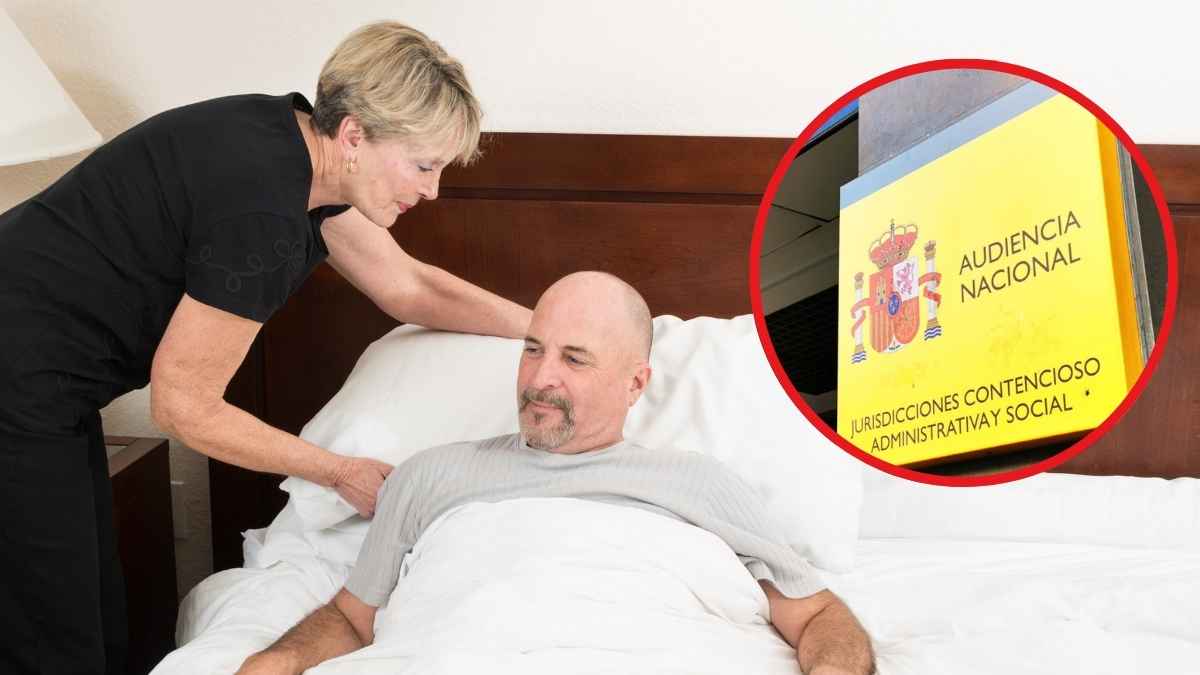 Mujer cuida a familiar convaleciente en cama; sobreimpreso cartel de la Audiencia Nacional que dictamina permiso laboral de cinco días