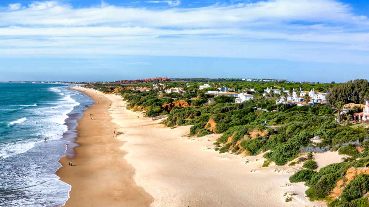 Vista aérea de la playa casi privada de Roche, arena dorada y villas de lujo en Conil, Cádiz