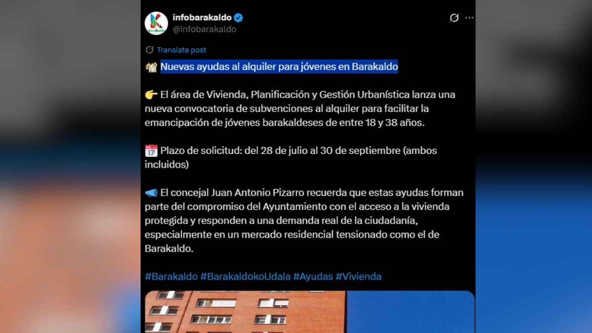 Anuncio oficial del Ayuntamiento sobre las nuevas ayudas al alquiler para jóvenes en Barakaldo