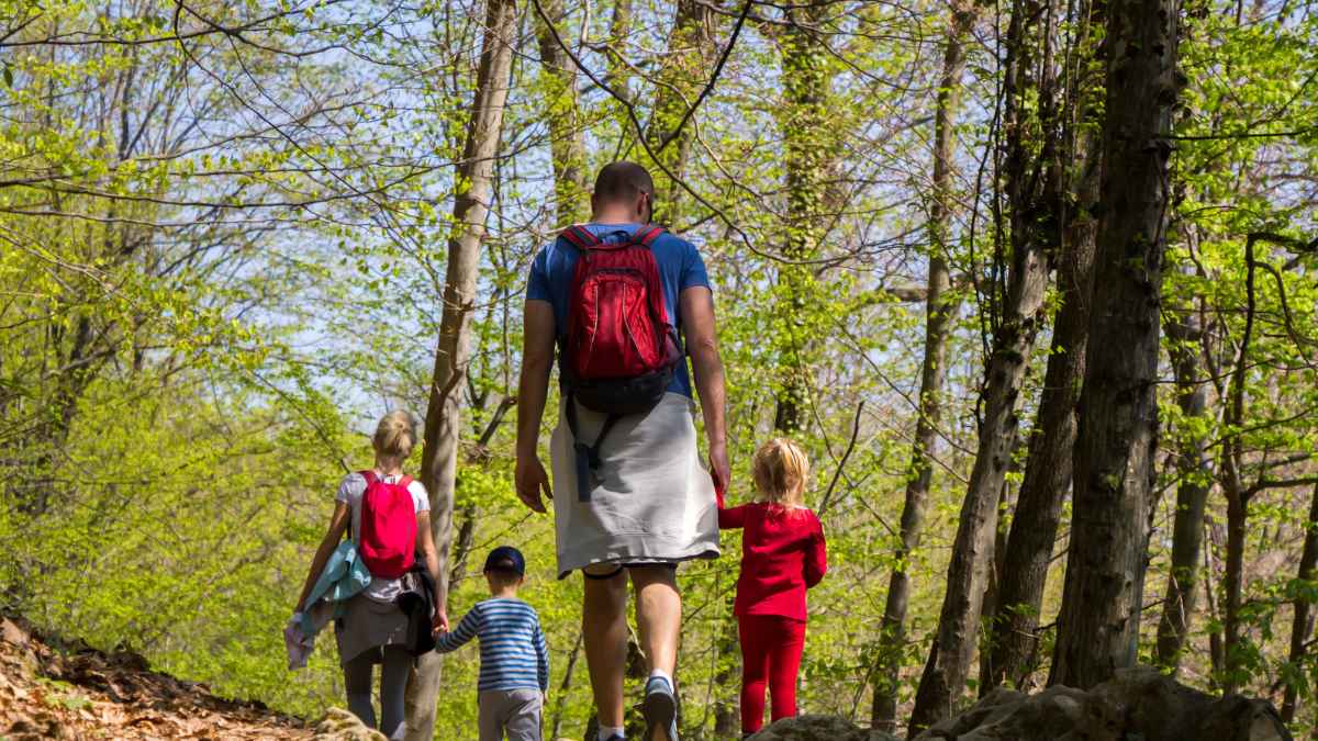 Familia con niños caminando por un sendero en el bosque, imagen que representa el bono infantil y el cuidado de menores en la naturaleza
